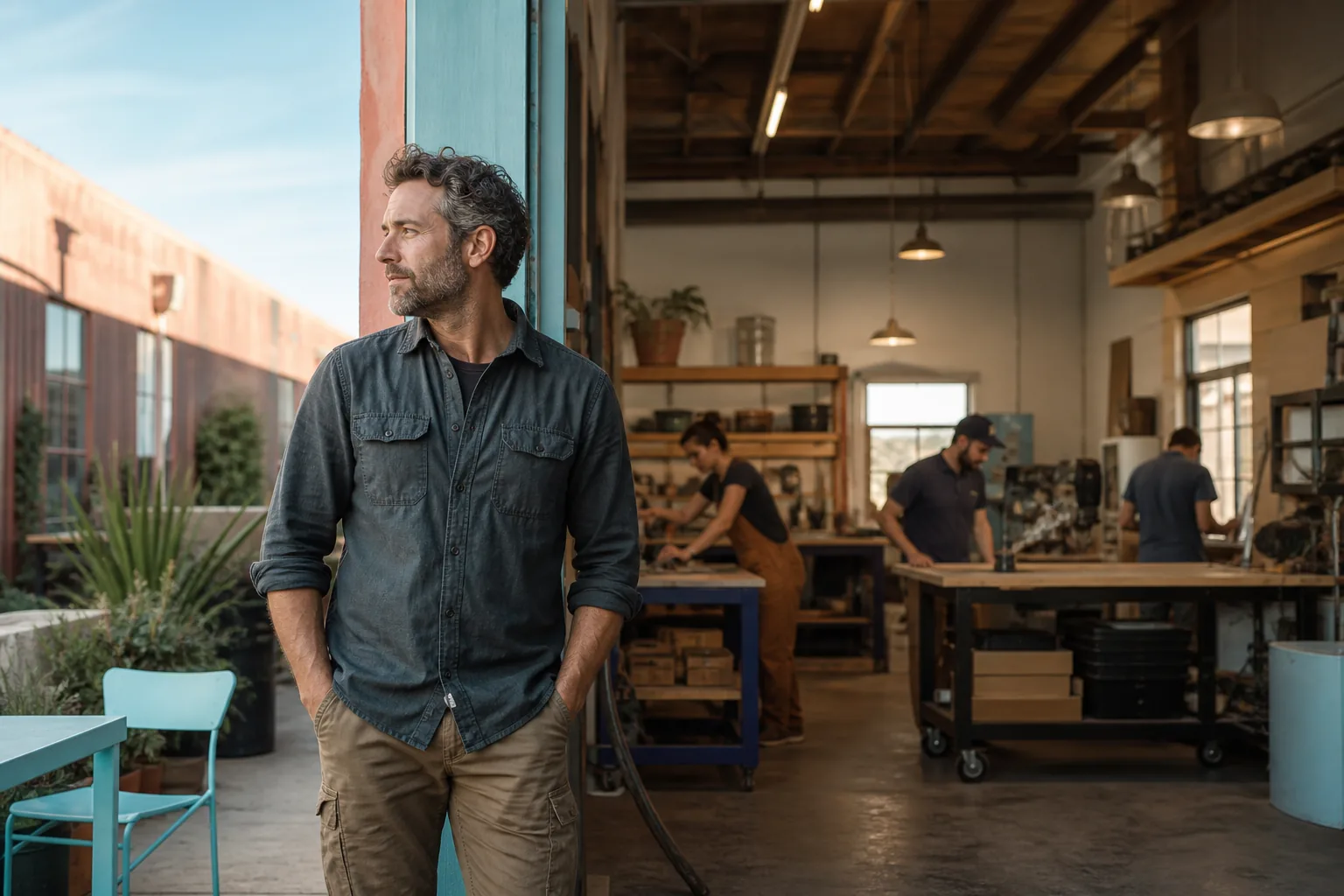 Business owner at his workshop while the team continues working